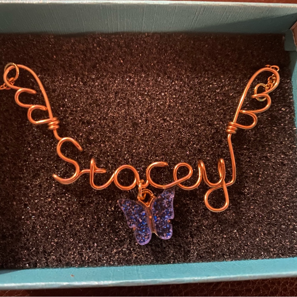 Stacey Handmade Wire Name Necklace Personalized Butterfly Charm Gold Tone 20”